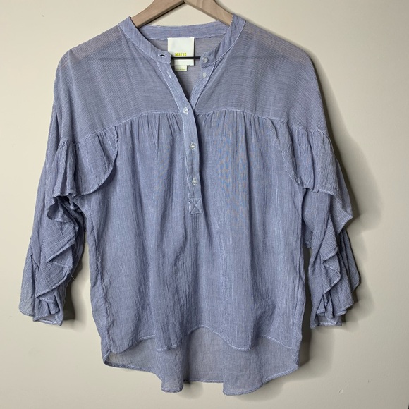 Anthropologie Maeve Blue Stripe Ruffle Blouse - Picture 4 of 8
